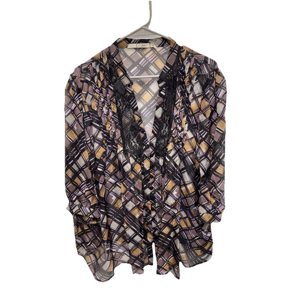 Gibson Black Lace Blouse Button Up 2X Silk Colorful Sheer 3/4 Sleeve V Neck